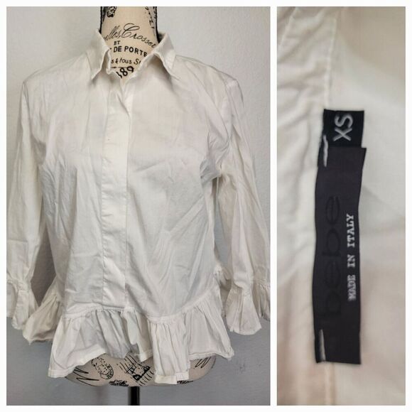 Vintage Bebe Button Shirt XS Ruffle Blouse Collar Relax Semi Crop White Italy - Picture 1 of 10